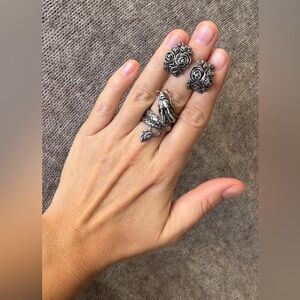 Sterling Silver Oxidized Rose Stud Earrings | 925 | 7.39g